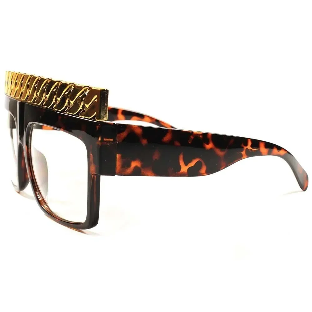 Designer Hip Hop Rapper Gold Cuban Link Chain Top Square Tortoise Clear Glasses